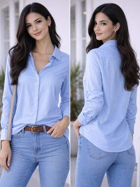 Light Blue Tie Neck Blouse Long Sleeve Button Front Office Top